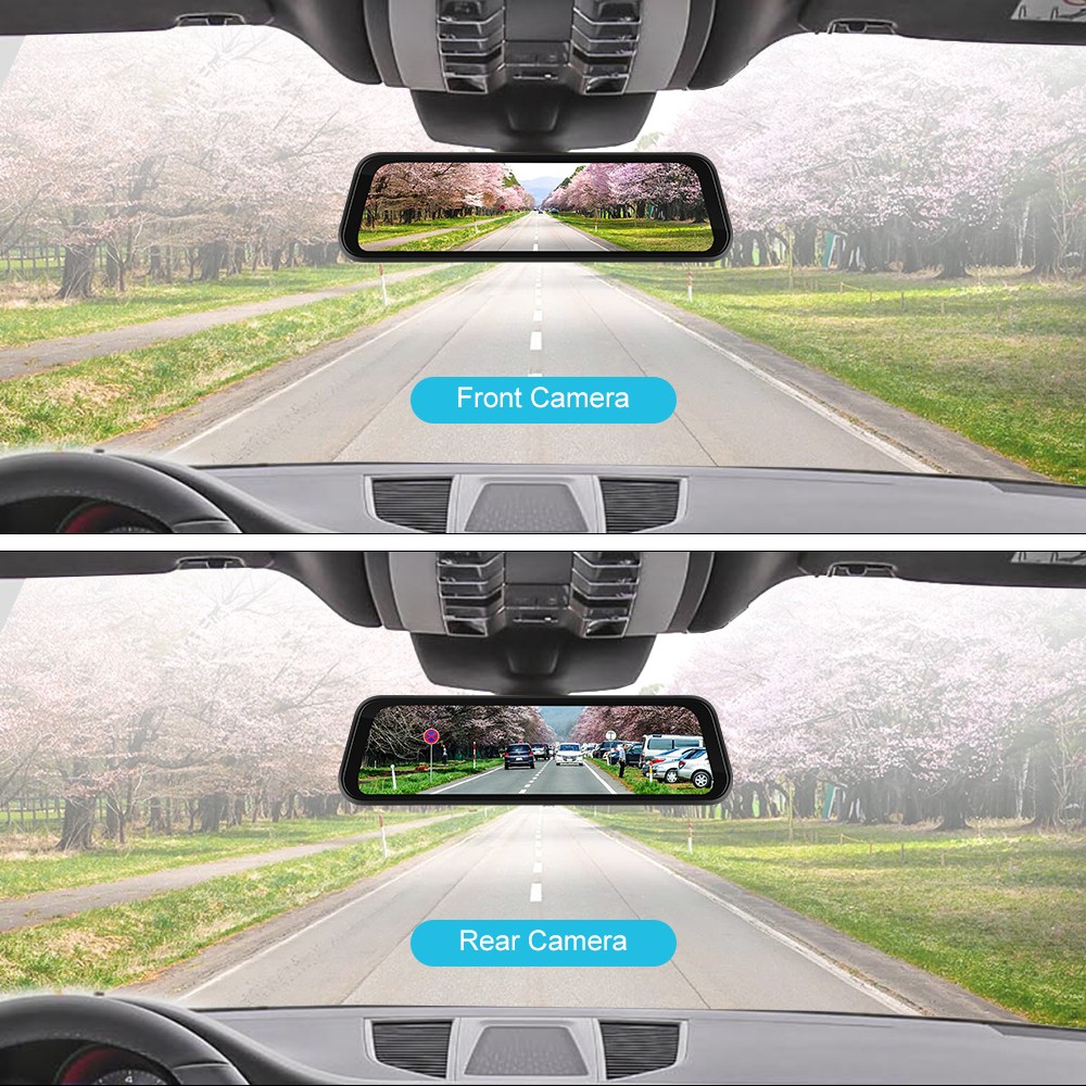 Front Rear View Mirror Dash Cam 9.66 Inch IPS Touch Screen Carplay 64GB Car DVR