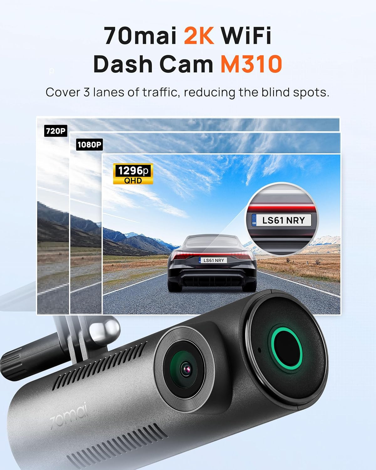70Mai Dash Cam M310, Dash Camera for Cars 1296P QHD, Smart Dash Cam Front Built