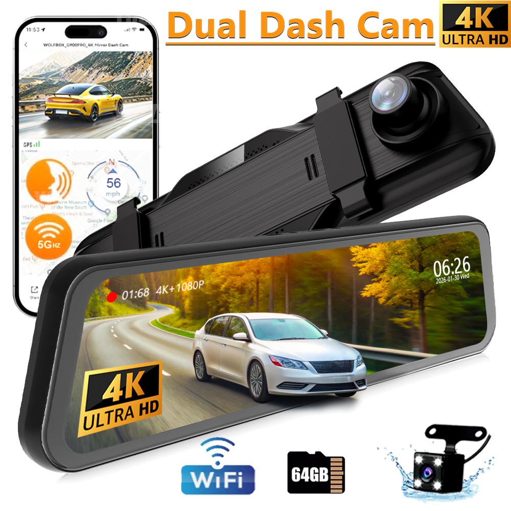 4K 9.6612″ R30S Dash Cam Mirror GPS Car Rear View Dual Camera Night Vision NEW