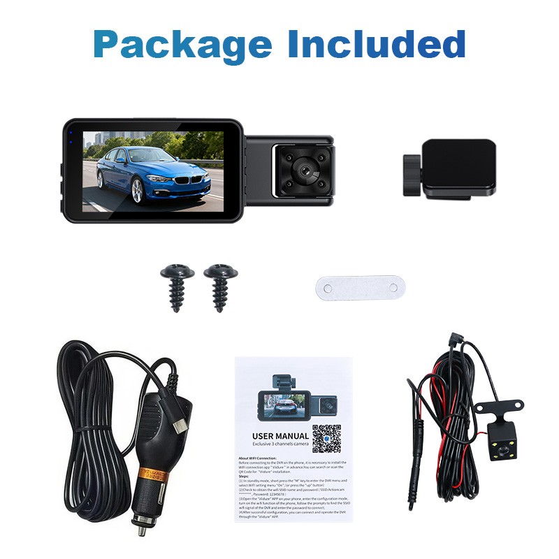 4K Dual Lens Car DVR Camera Dash Cam Front+Rear+Inside Video Recorder G-Sensor