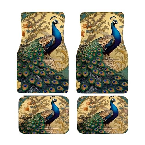 Artistic Fabric Car Floor Mats-Non-Slip Rubber Backing,Peacock,Front & peafowl