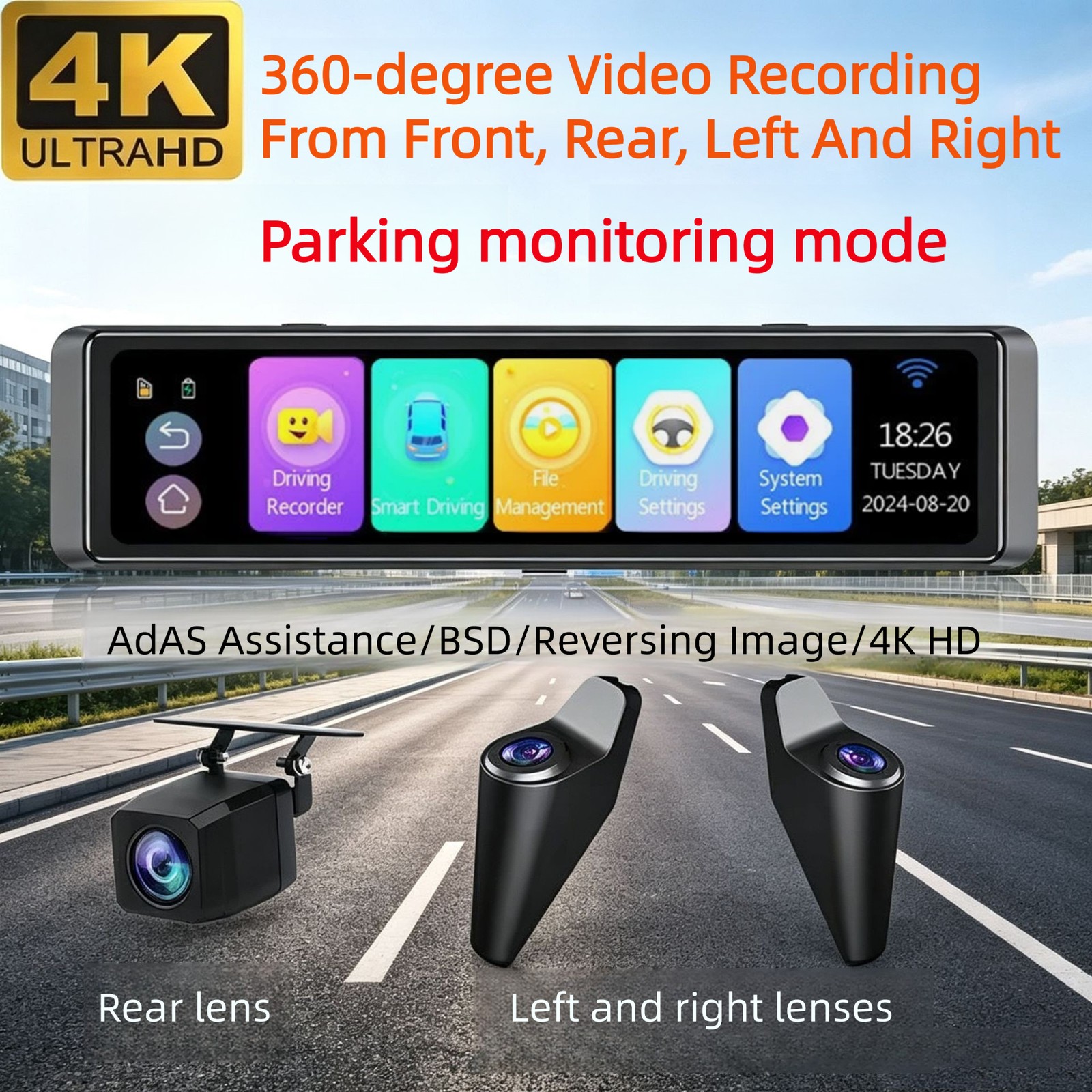 4 Channels 4K WIFI Car Camera Recorder ADAS BSD DVR 360 Degree Rearview Mirror