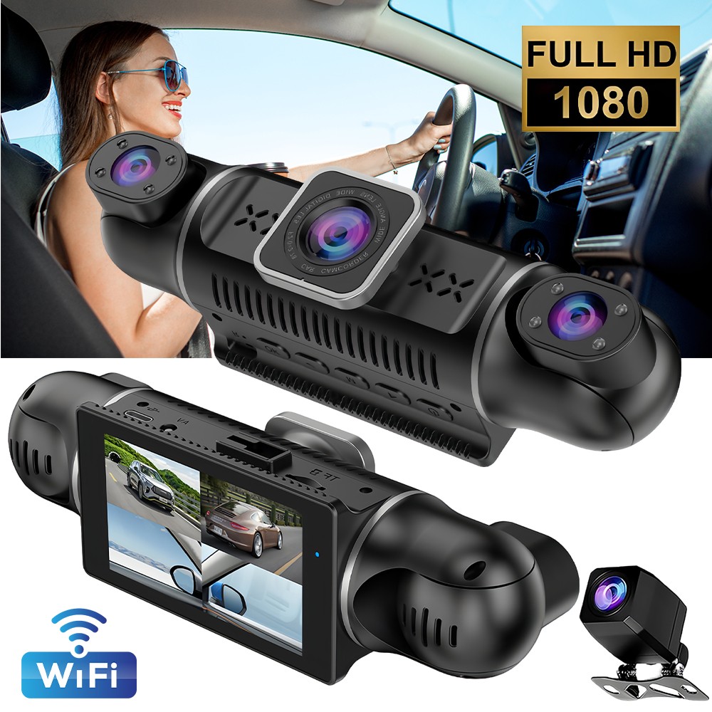 4 Channel Wifi Dash Cam 360° View, 3 inch IPS Screen 1080P Front and Rear Inside