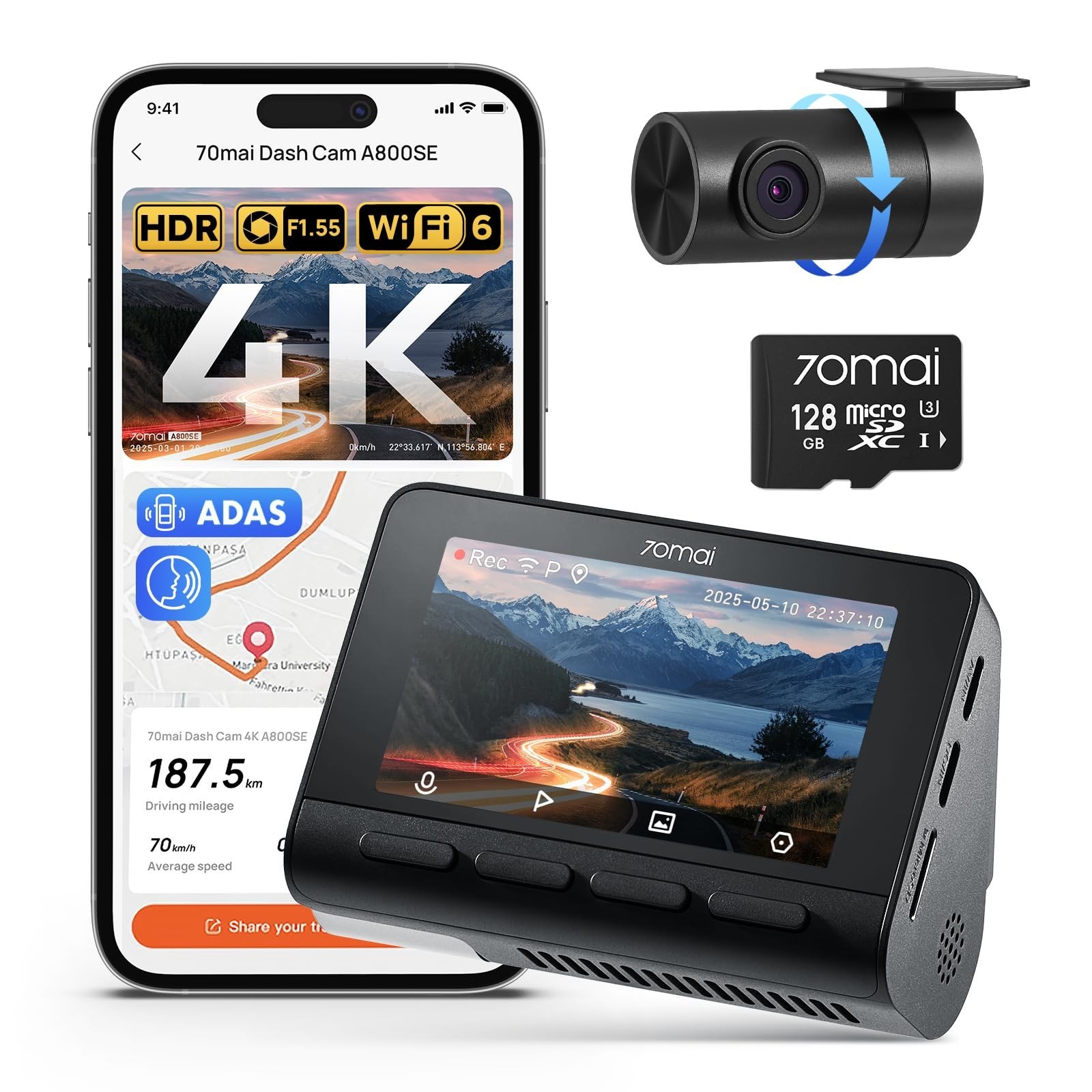 4K Dash Cam Front & Rear, Wi-Fi 6, GPS, Night Vision, ADAS, 3″ Screen, 24H Parki