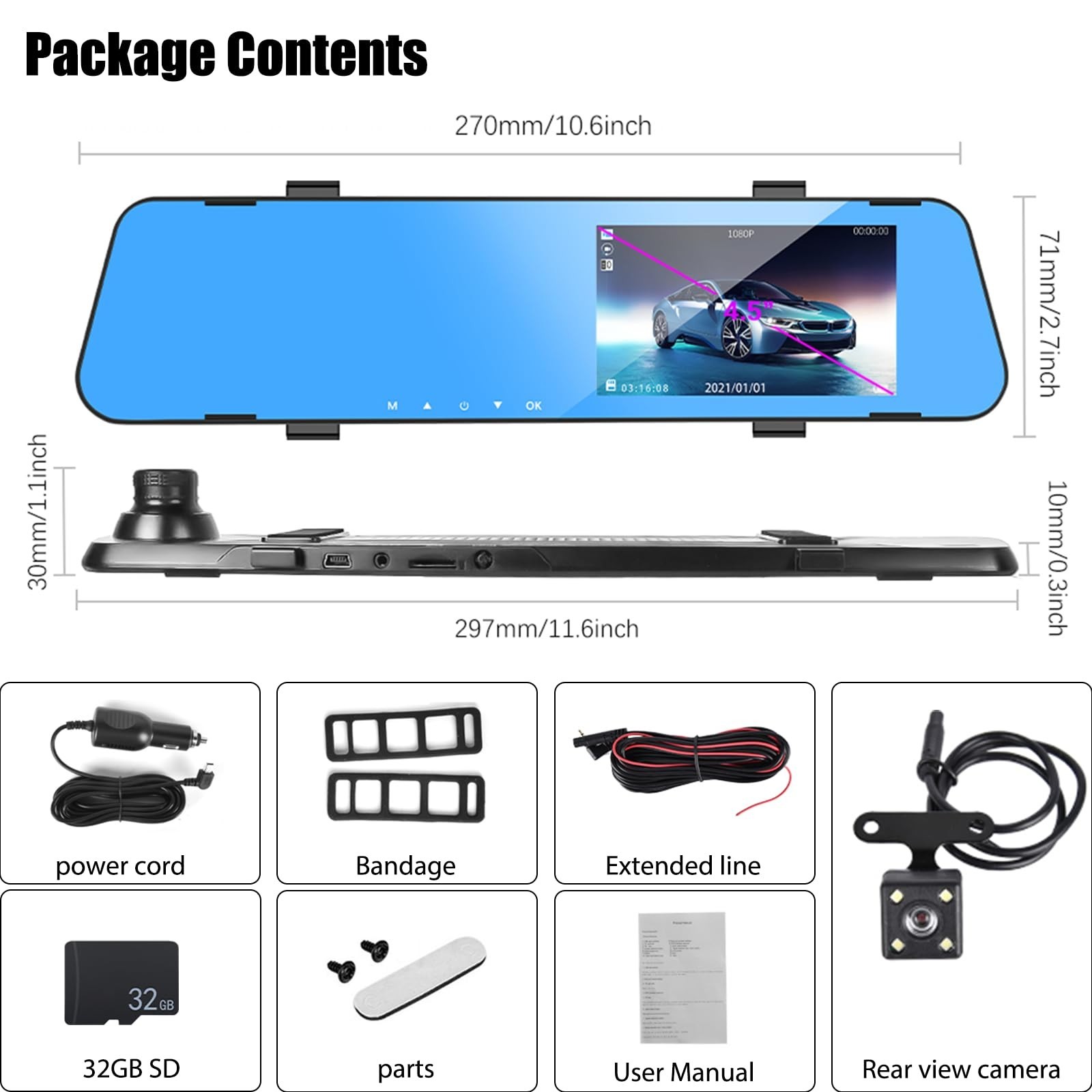 1080P Mirror Dash Cam, 4.5″ Dual Cameras, Night Vision, Parking Assist, G-Sensor