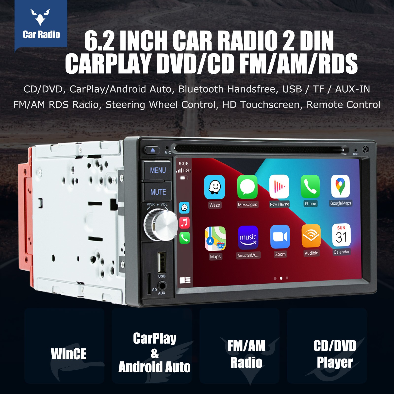 6.2″ 2DIN Car Stereo Apple Carplay Android Auto DVD Bluetooth Radio FM/AM/RDS/TF