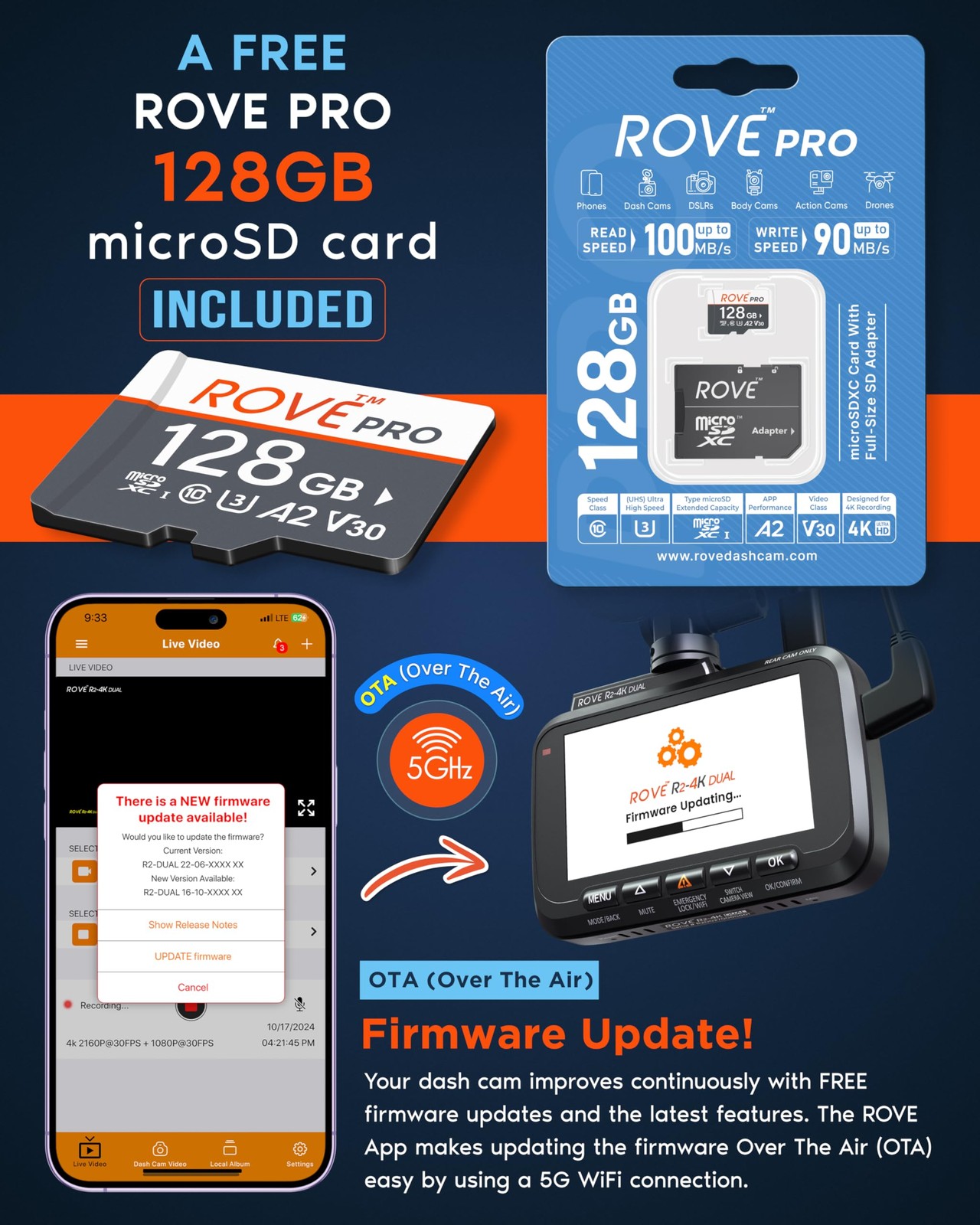 4K Front and Rear Dash Camera with 128GB Card