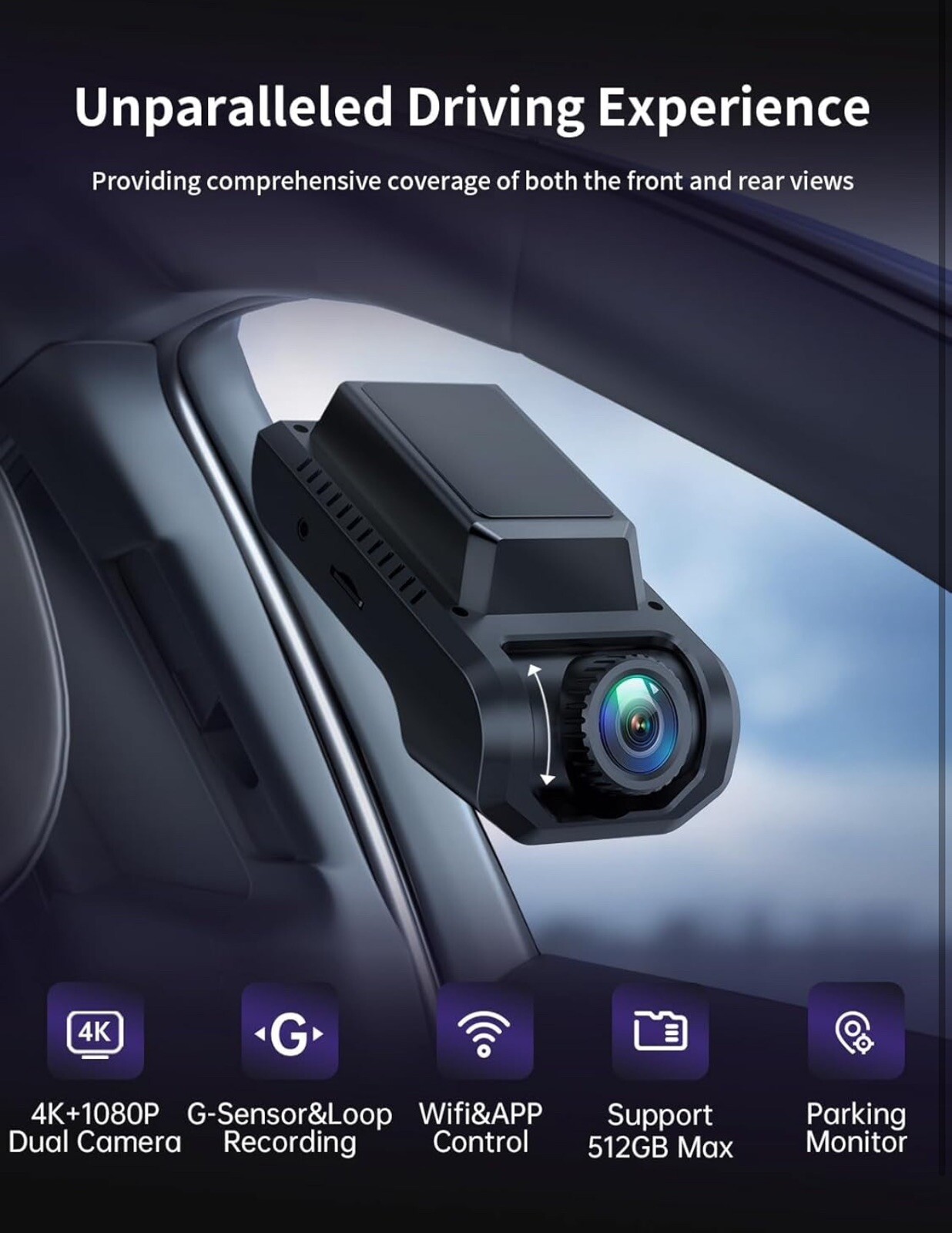 4K/2.5K Front and Rear Dash Cam Night Vision, 170° Wide Angle, 24H Parking Mode