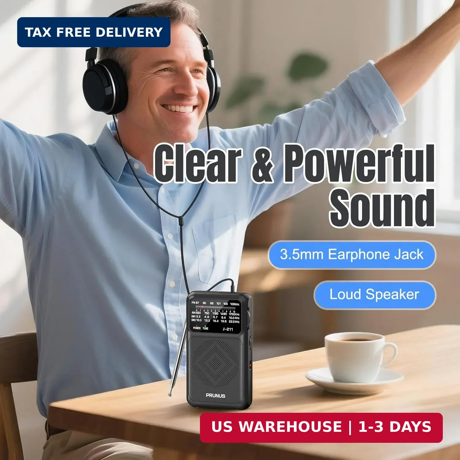 PRUNUS J-211 Portable Radio AM FM with USB C Charging and AA Battery Operated, T