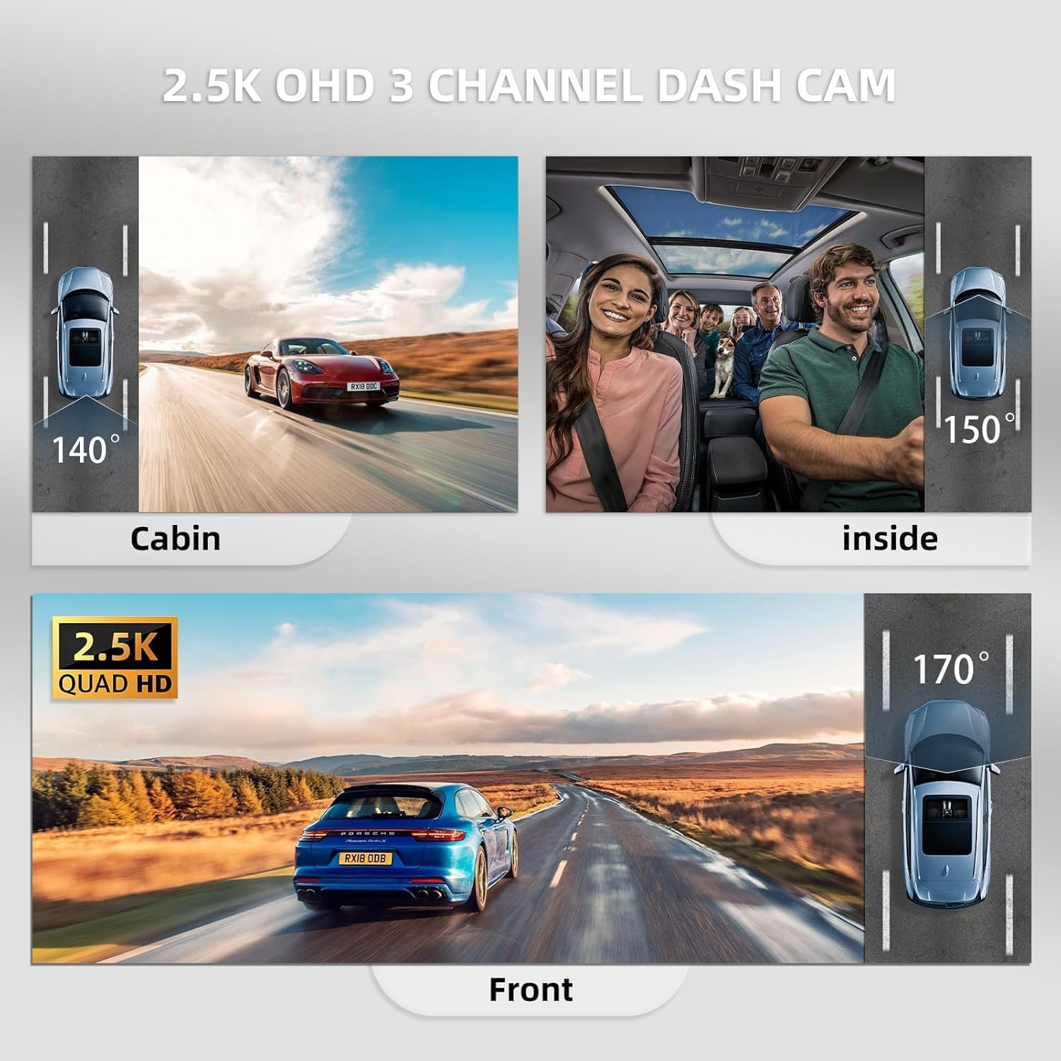 3 Channel Dash Cam Front and Rear Inside, Free 64G SD Card, Triple Dash Camera f