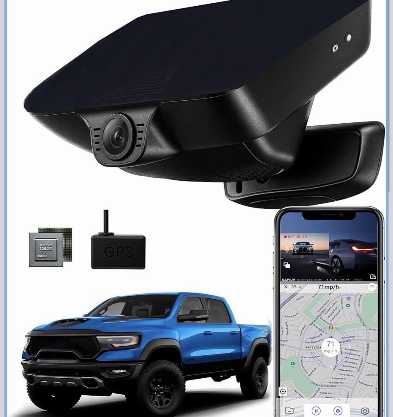 Dodge RAM 1500 Front Dash Cam 4K – 128G – GPS & Parking – OEM Look 2019-2024