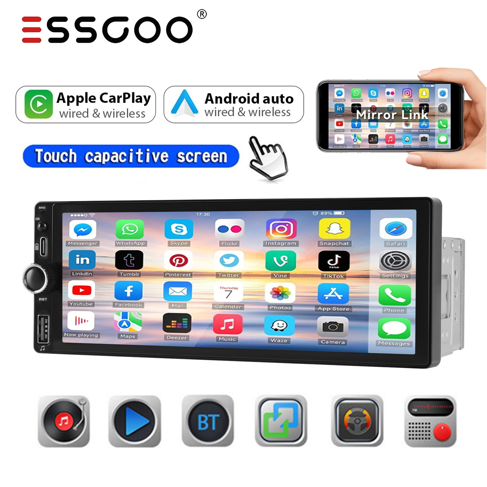 Single 1 Din Car Stereo Wireless Apple CarPlay 6.9 inch Touchscreen Bluetooth FM