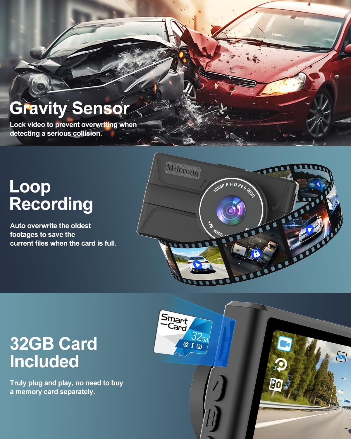 1080P Dual Dash Cam Front & Rear, 32GB SD Card, Night Vision, G-Sensor, 170° Wid