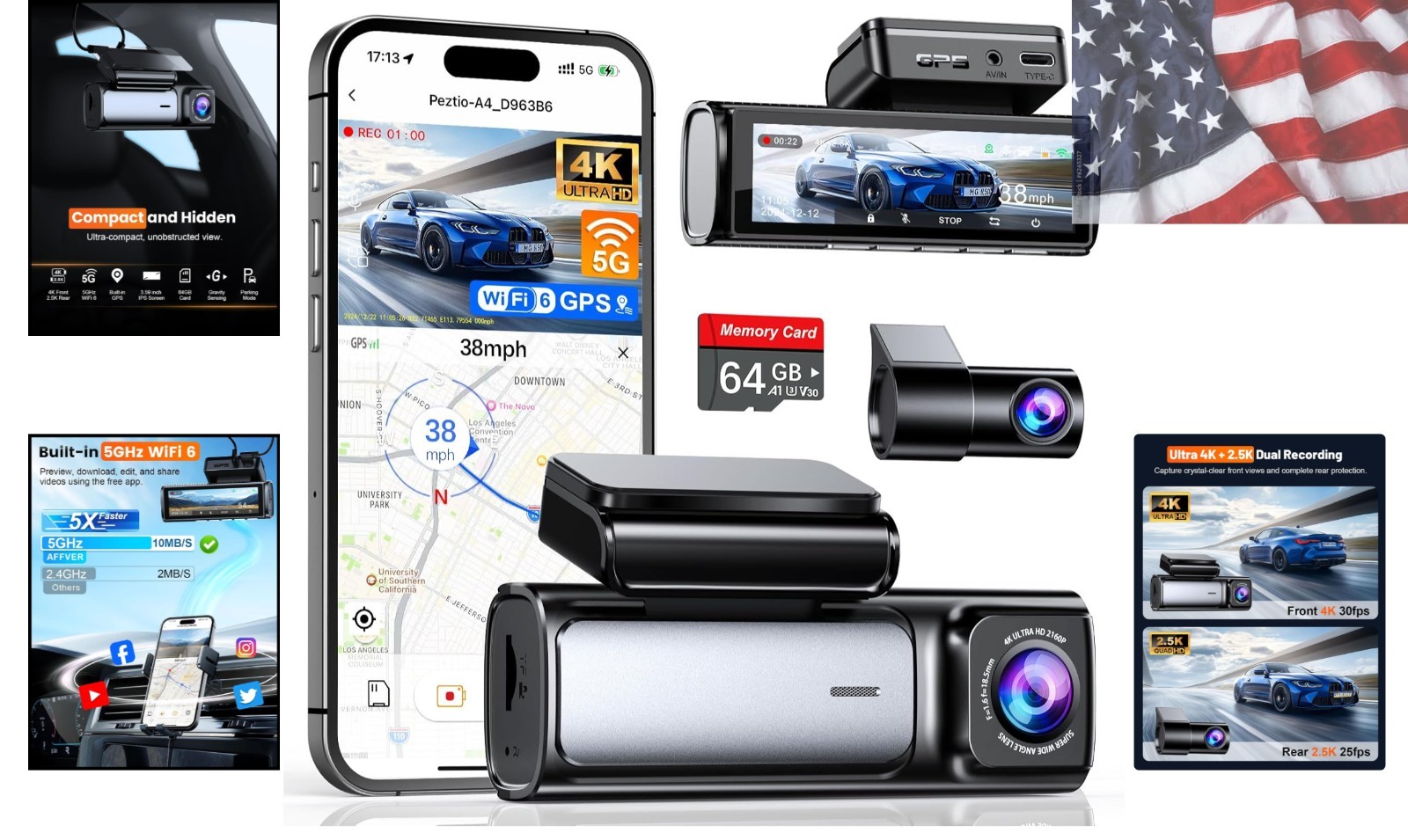 4K+2.5K Dash Cam Front and Rear, Built-in 5G WiFi 6 GPS, 64GB Card Included, …