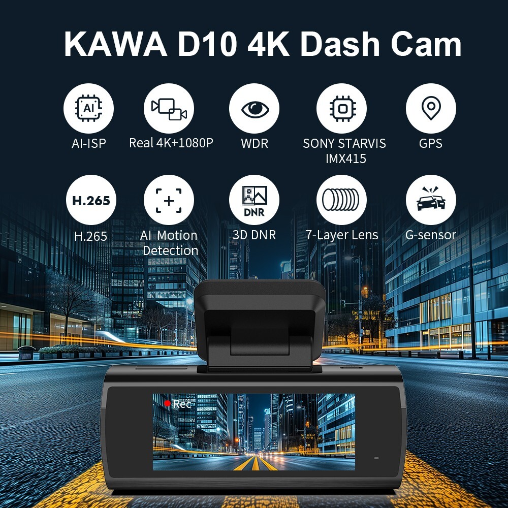 KAWA AI-ISP 4K Dual Dash Cam , GPS AI Motion Detection 64GB Card, 24H Park Mode