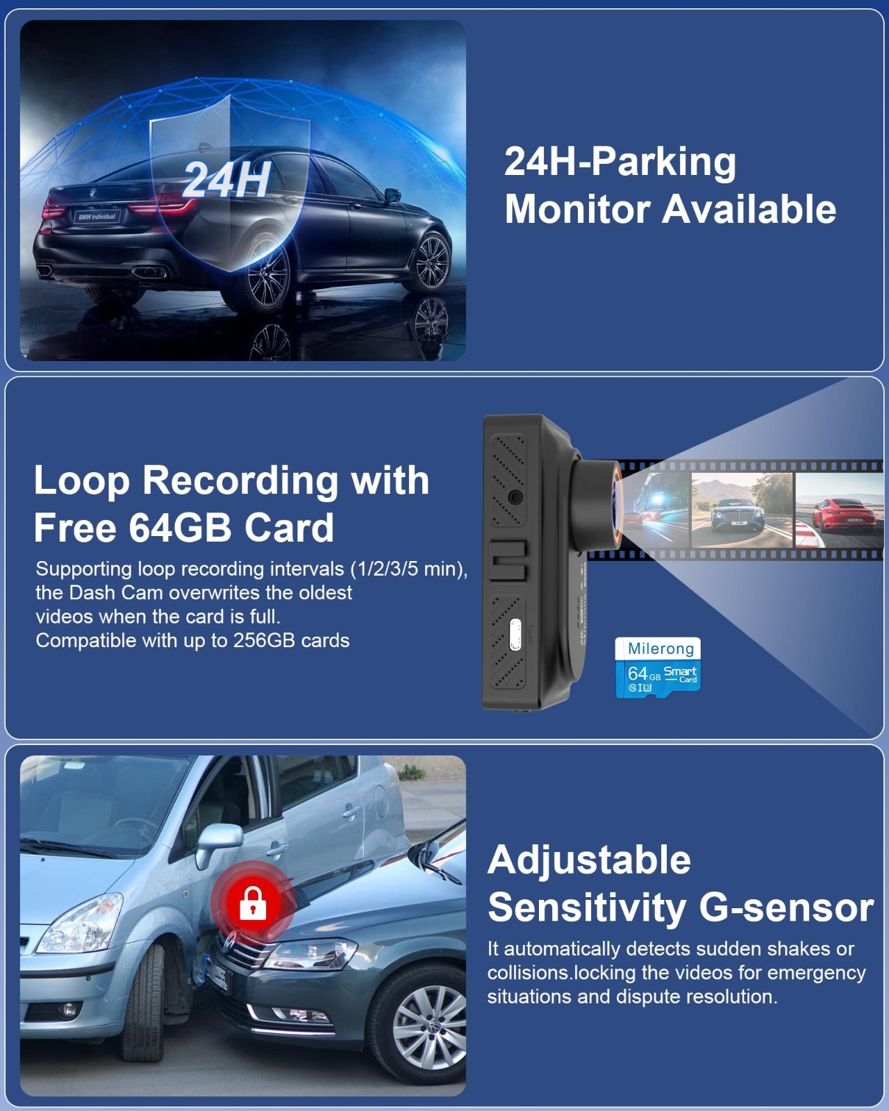 4K Dual Dash Cam Front & Rear, WiFi GPS, Voice Control, 64GB Card, Night Vision
