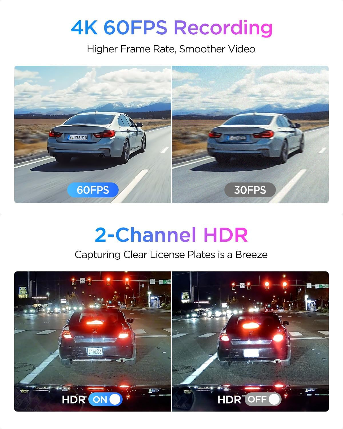 A329S 4K 60FPS Dash Cam Front and Rear, 4K+2K Dual Dash Camera for Cars, Power S