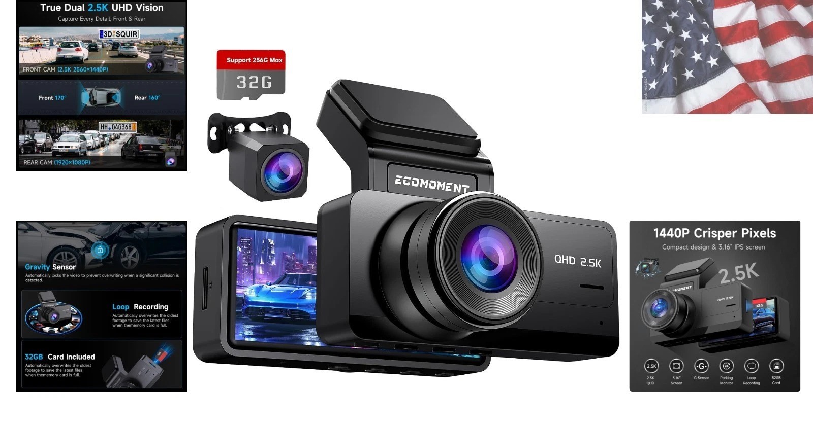 Dash Cam Front and Rear, 2.5K+1080P Car Camera with 32GB Card | WDR Night Vis…