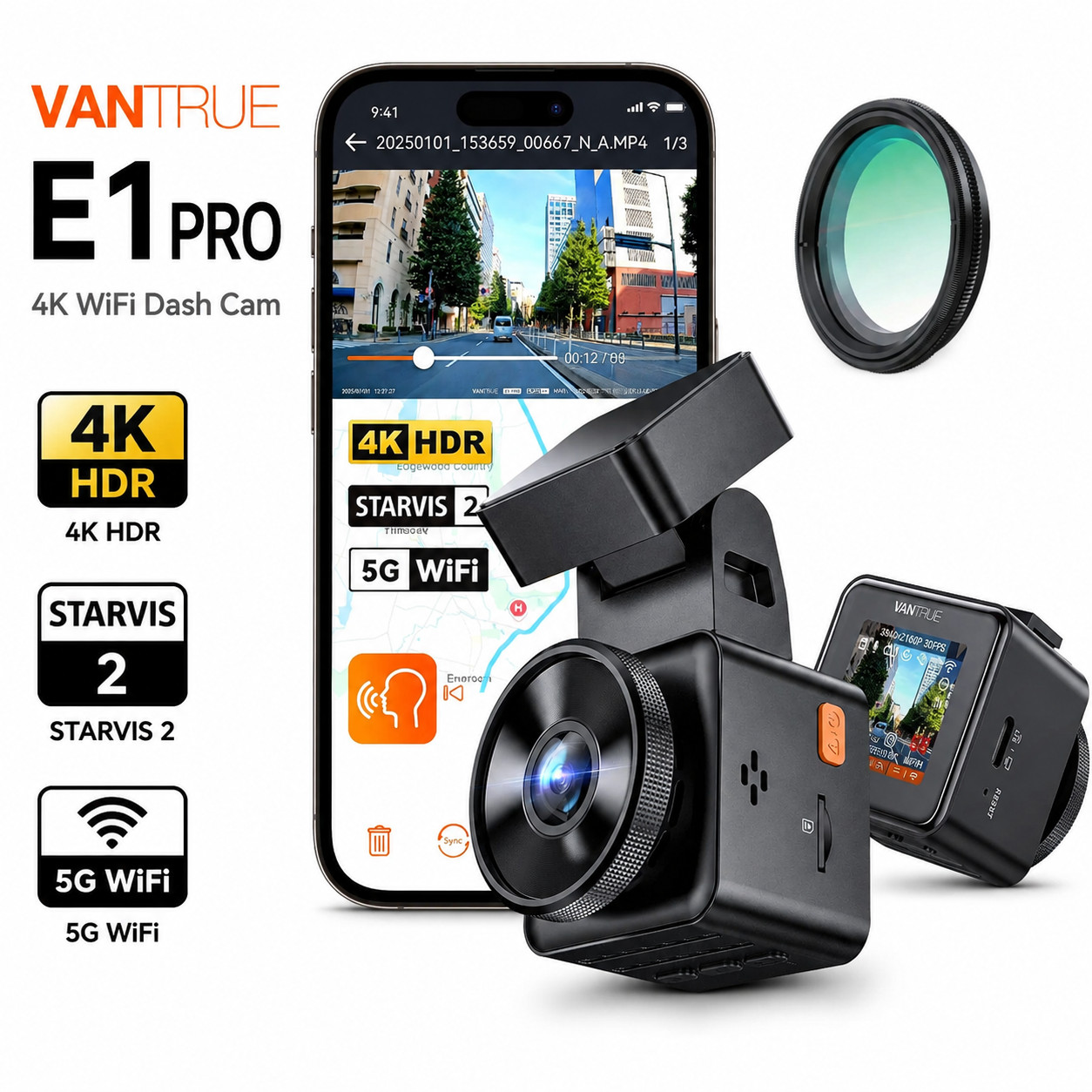 Vantrue E1 Pro 4K Dash Cam STARVIS 2 HDR 5G WiFi Voice Control Parking Mode