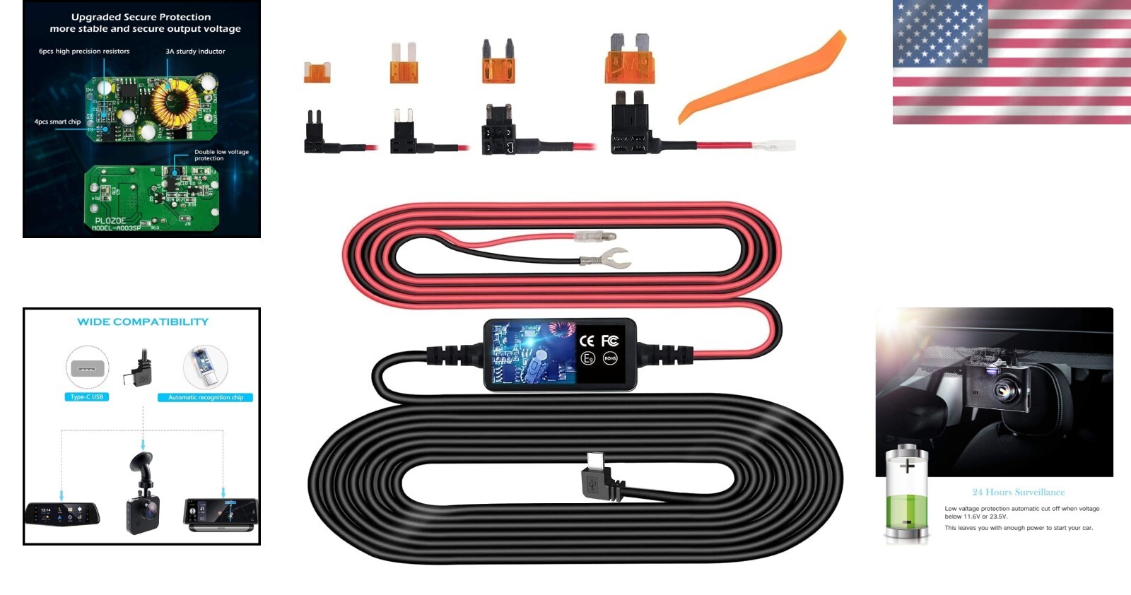 USB C Dash Cam Hardwire Kit – 24/7 Power Supply with Installation Tools (11.5ft)