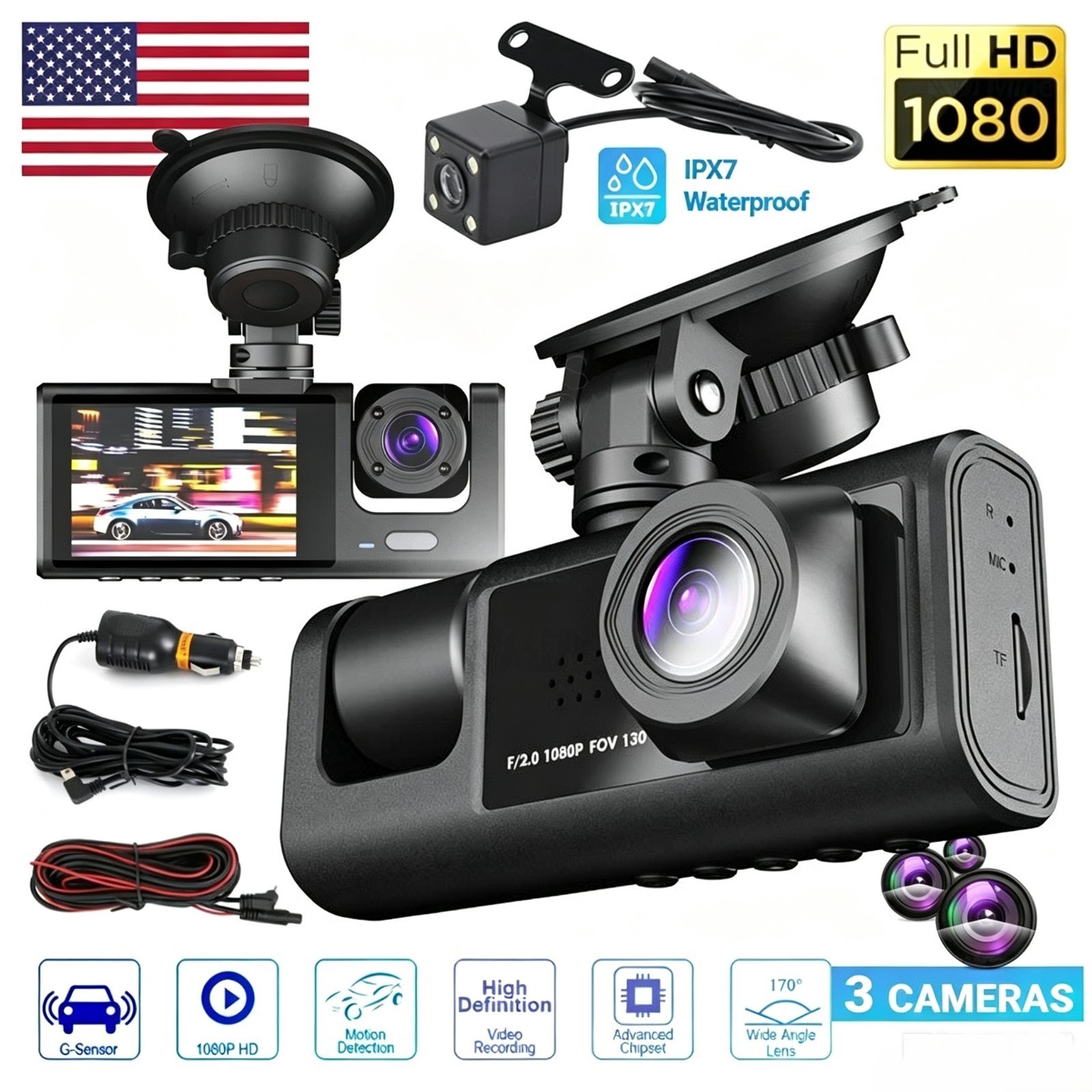 Vehicle 3 Channel Dash Cam 1080P Front Cabin Rear DVR G-Sensor Loop Record 32GB