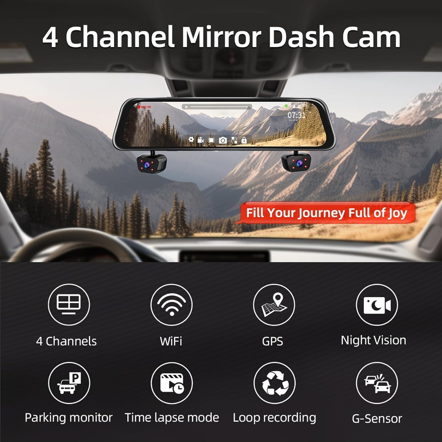 Advanced 4 Channel Dash Cam with WiFi, GPS & 170° Night Vision for Cars & SUVs