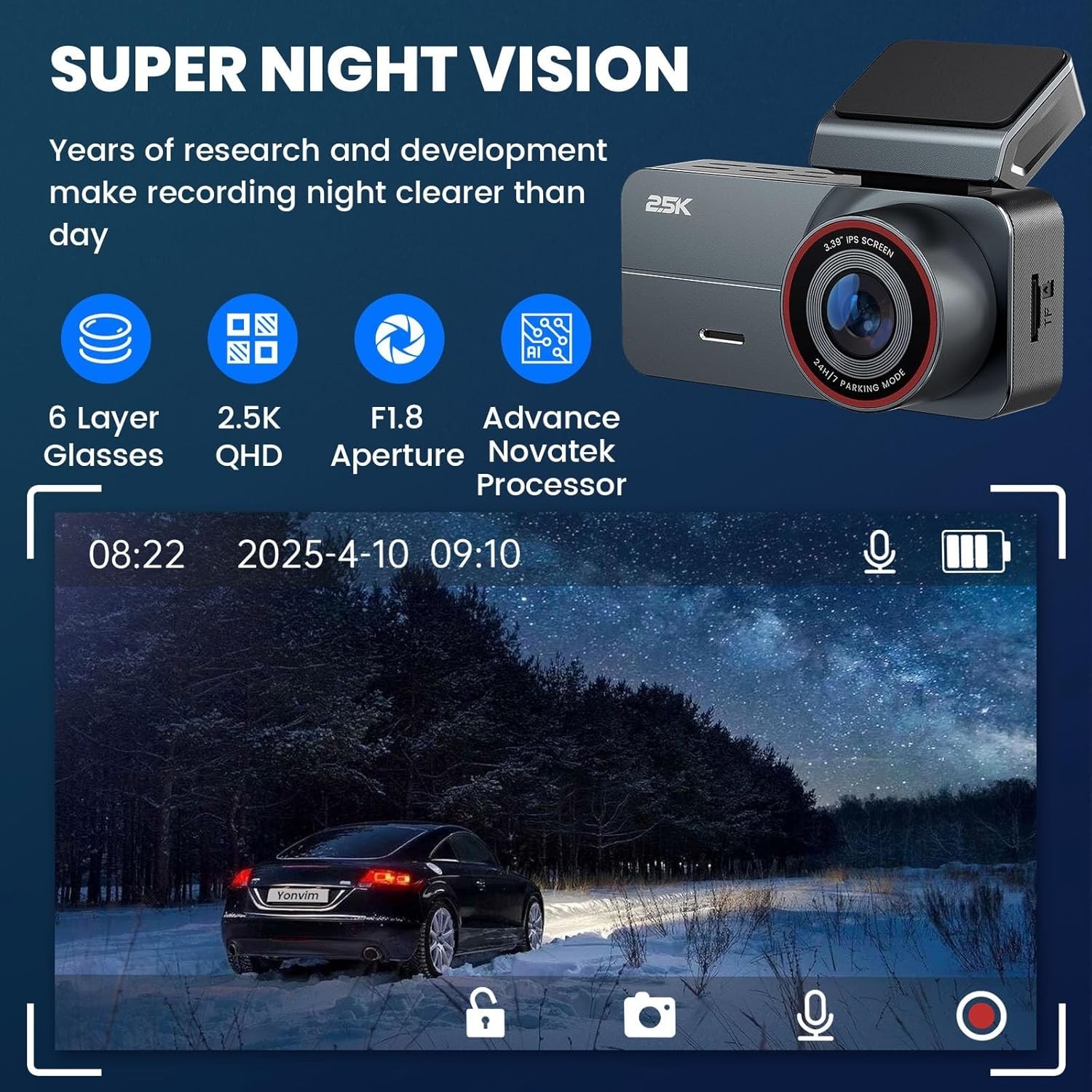 Dash Camera for Cars 2.5K with 3.39 Inch IPS Screen & 32GB Card