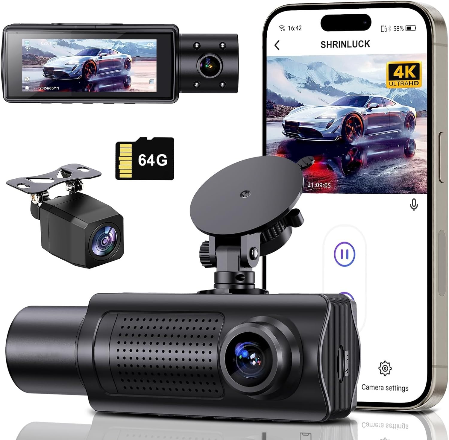 4K Dash Cam Front and Rear Dual Dash Camera WIFI & GPS With 32GB SD Card