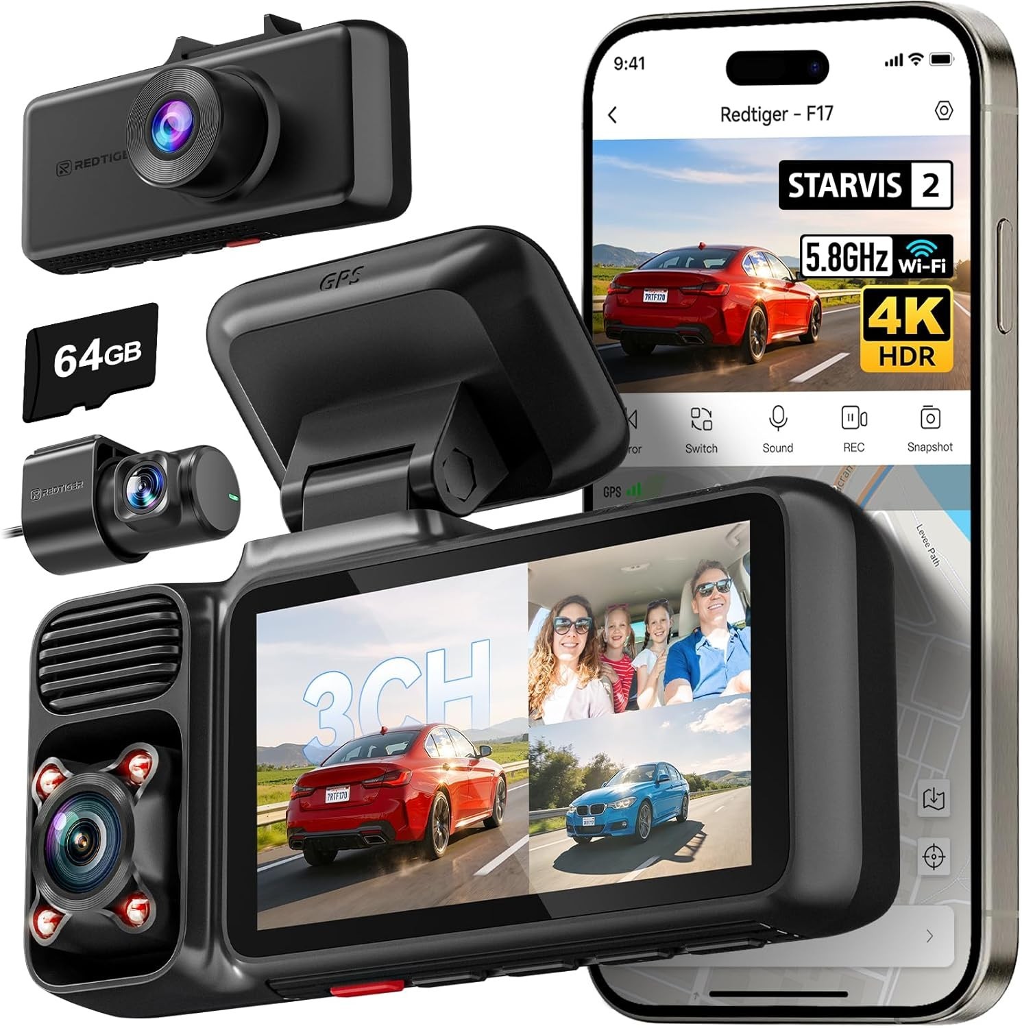 F17 4K 3 Channel Dash Cam, STARVIS 2 HDR, 2160P+1080P+1080P Front Inside and …