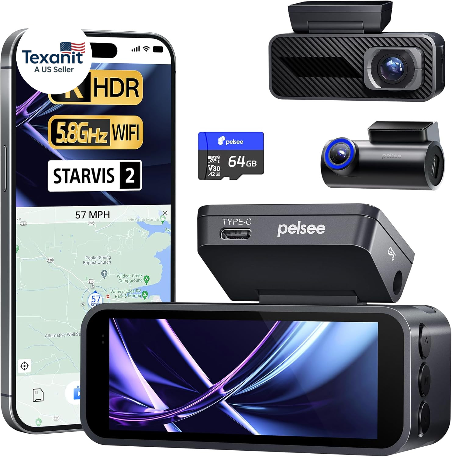 P1 Pro 4K Dash Cam Front and Rear, STARVIS 2 Sensor, 64GB Card, Dual Dash Camera