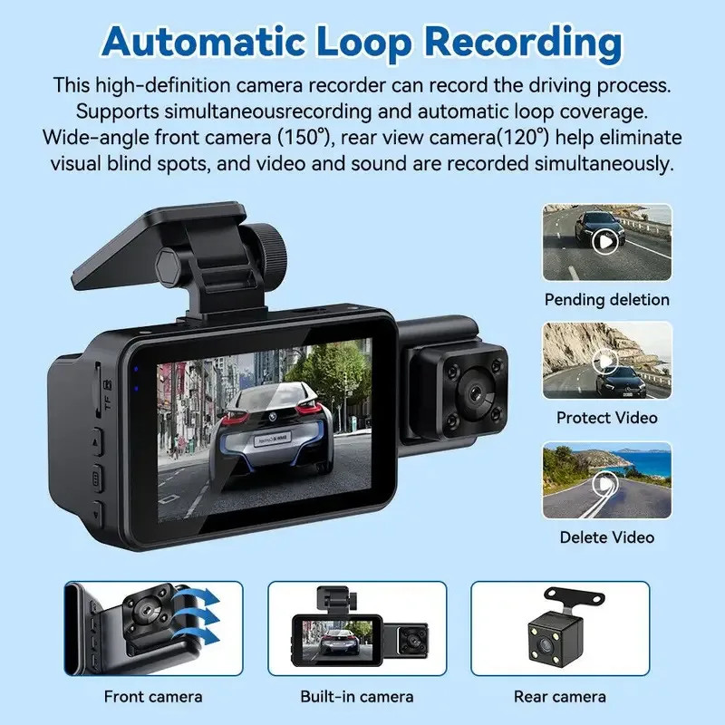 Dashcam 3 Lens Wide Angle HD 1080P Recording Night Vision Driving Recorder