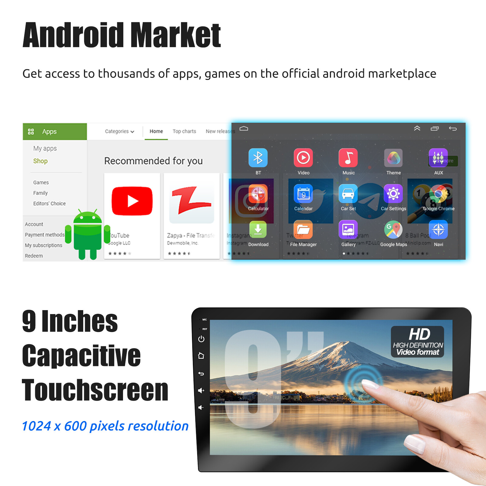 4+64G 9″ Double DIN Android 14 CarPlay Car Stereo Radio GPS Head Unit w/Cam/Mic