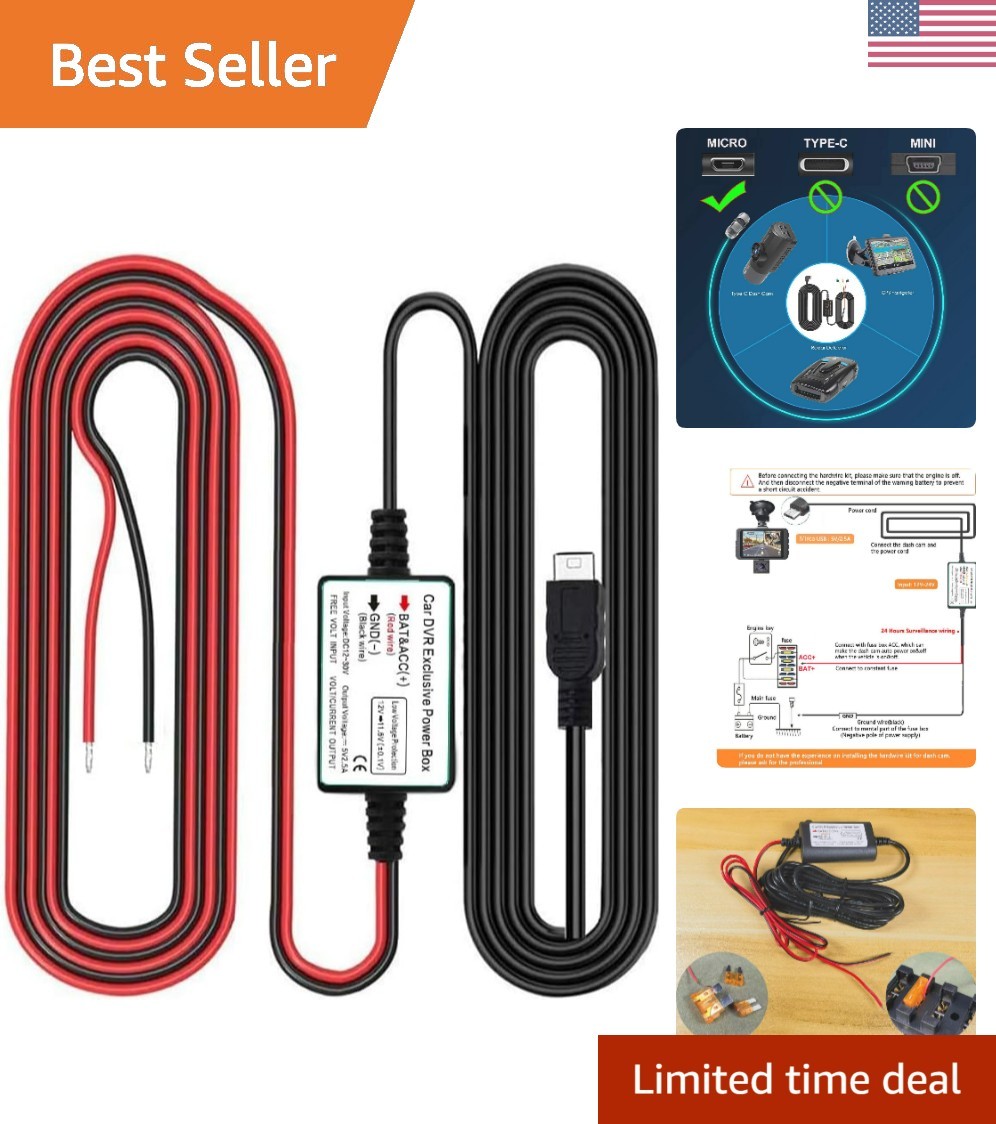 Dash Cam Hardwire Kit, Micro USB Port, DC 12V – 24V to 5V/2.5A Max Car Charge…