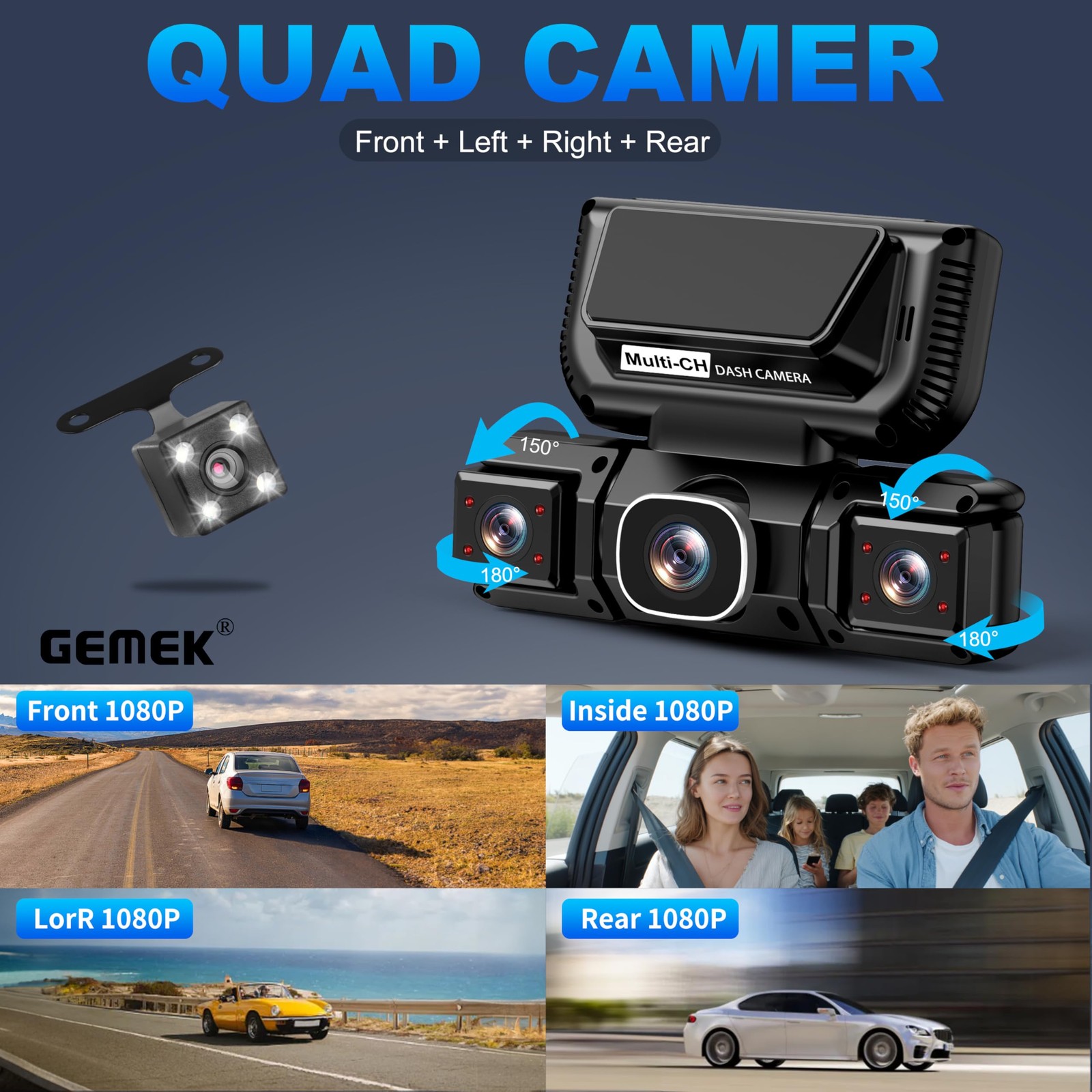 360 Degree View 4 Channel Dash Cam 5G WiFi & APP Control, GEMEK 2K Front and …