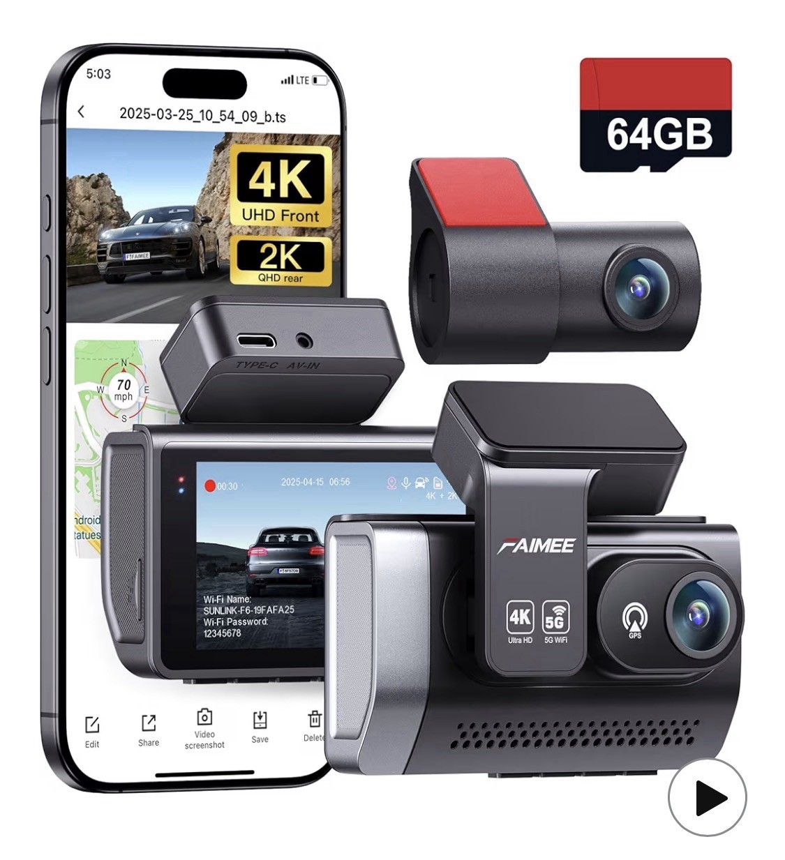 4K+2K Dash Cam Front and Rear, Dash Camera for Cars 2 Channel, 64GB Card Include