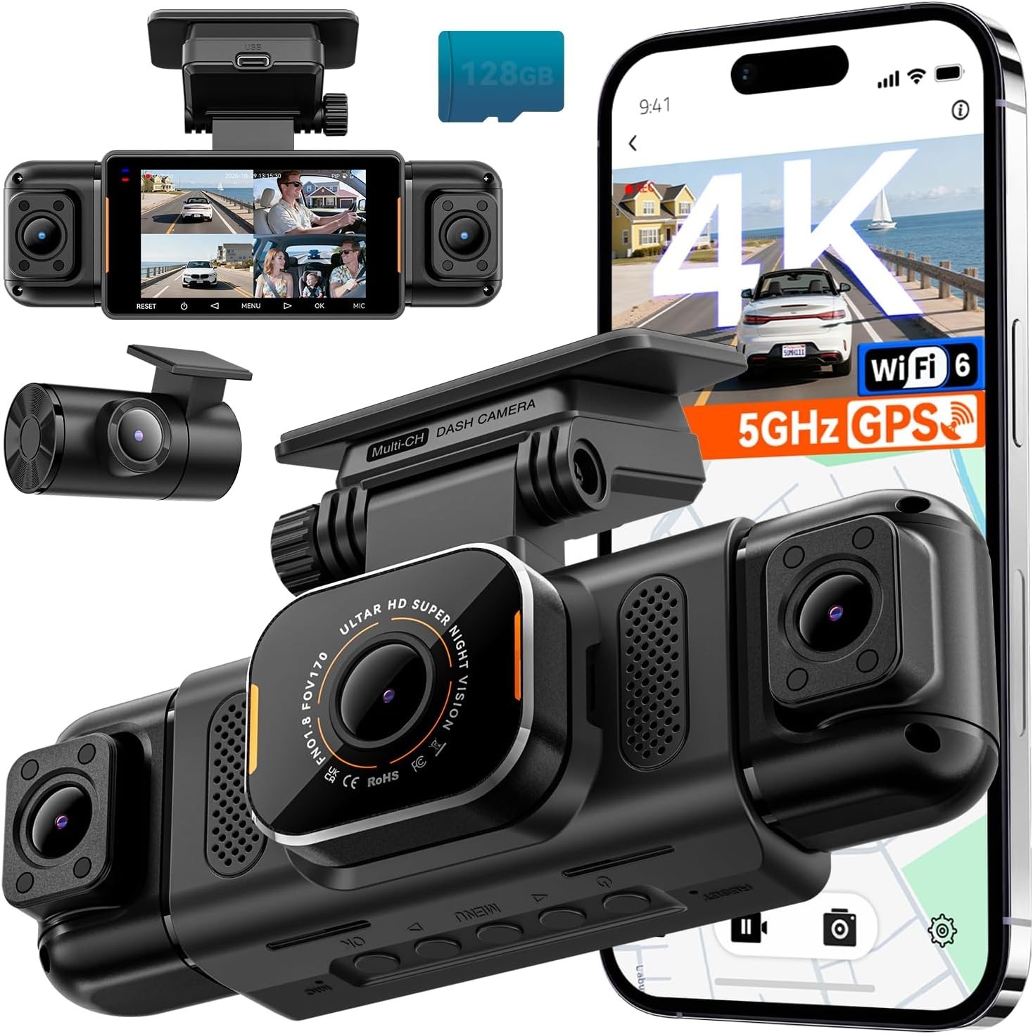 N5 PRO 4K 4 Channel Dash Cam, 360° All-Around View, 1080P Rear and Inside, 5G…