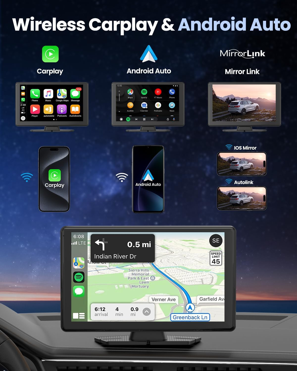 Portable Carplay Screen for Car 5K Dash Cam, 9″ Wireless Carplay & Android Auto