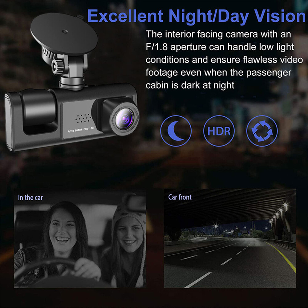FHD 1080P Car 3 Lens Dash Cam Front/Rear/Inside Video Recorder Camera G-sensor