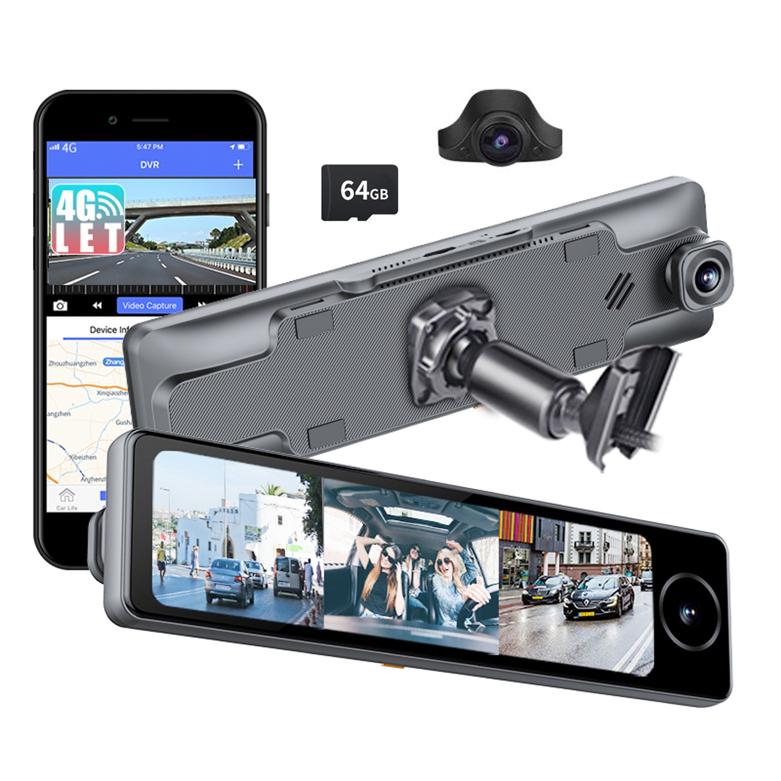 3 Channel RearView Mirror Dash Cam With Live Streaming 4G LTE ADAS GPS Navigator
