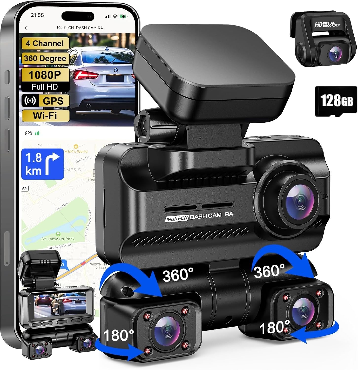 Dash Cam 4K 360° Front Rear DashCam 128G Wi-Fi GPS 3.18” IPS WDR Night Vision