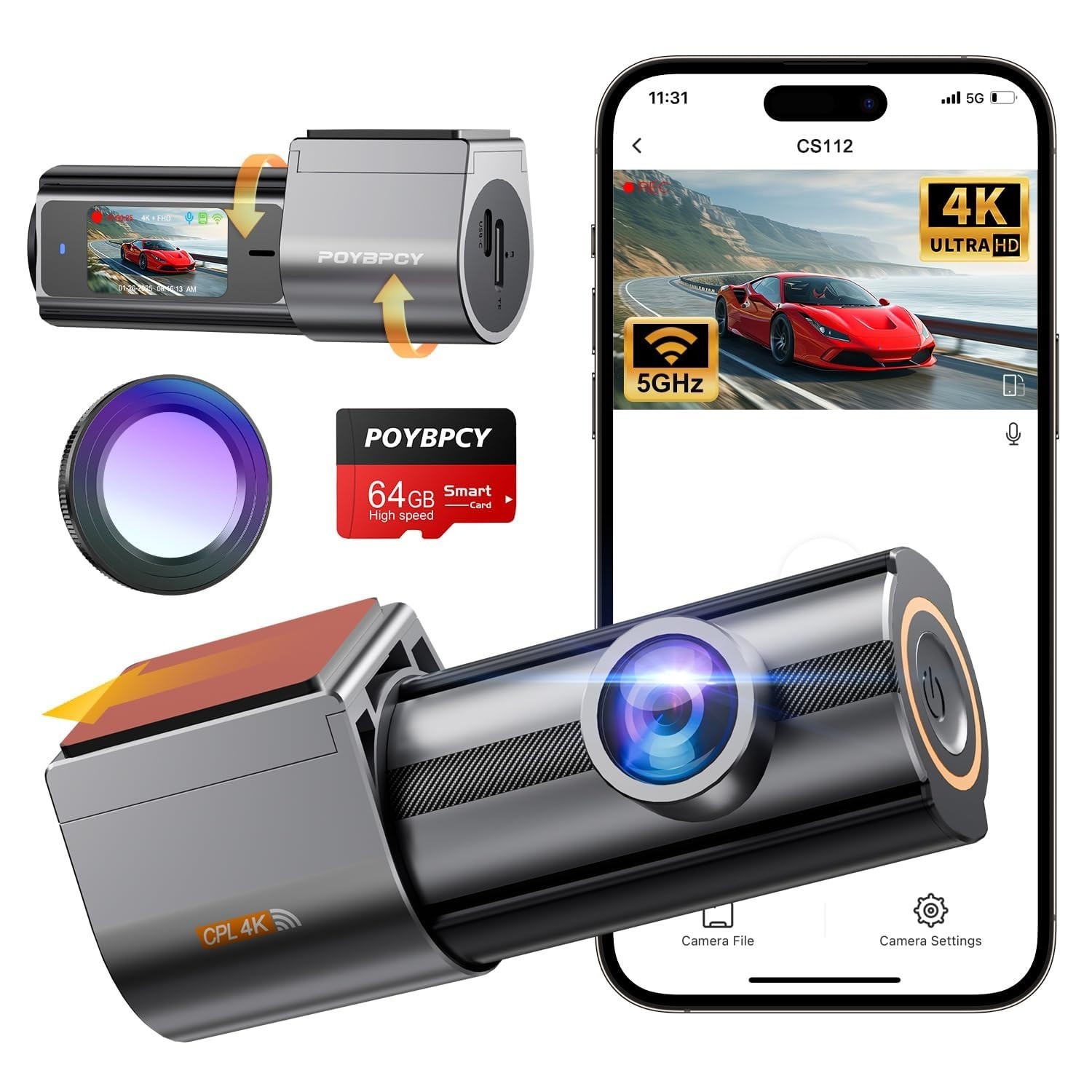 4K Dash Cam Front, 5GHz WiFi, UHD 2160P, 64GB Card, 24H Parking Monitor, Night V