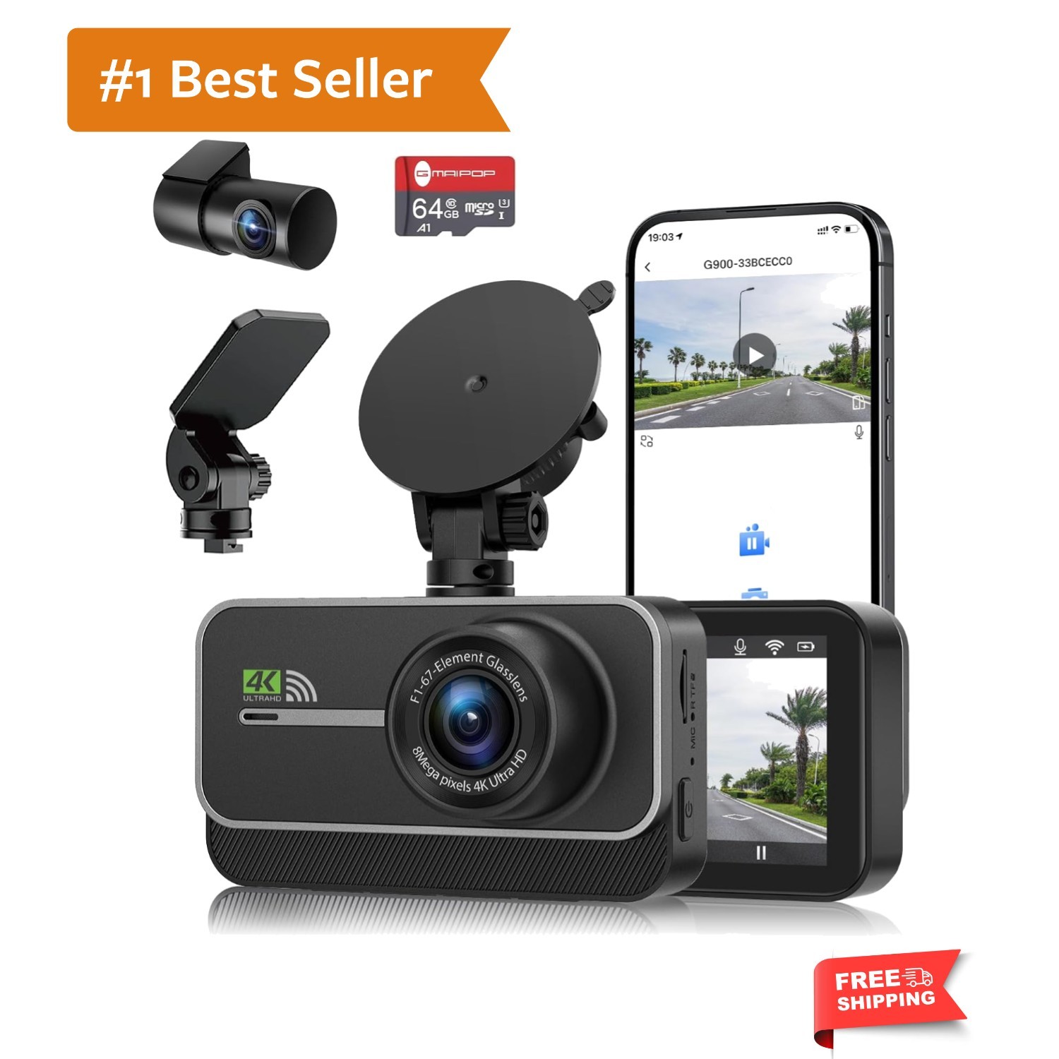 Dash Cam Front and Rear,4K+1080P WiFi Dual Dash Camera for Cars with App, 3″ …
