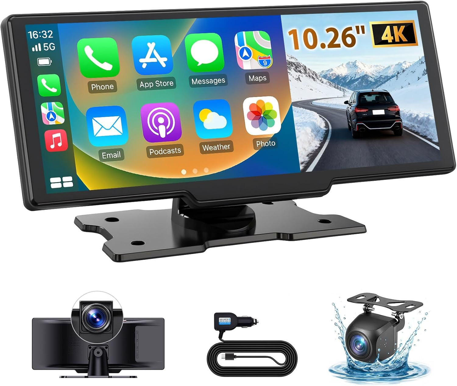 10.26″ Wireless Carplay Screen for Car: 4K Dash Cam & 1080P Backup Camera, Porta