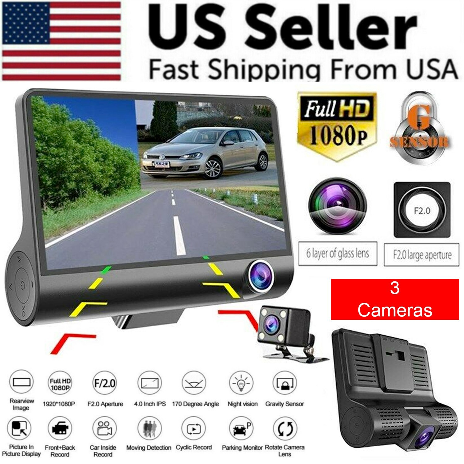 1080P 4″ Dual Lens HD Car DVR Rearview Video Dash Cam Recorder Camera G-Sensor