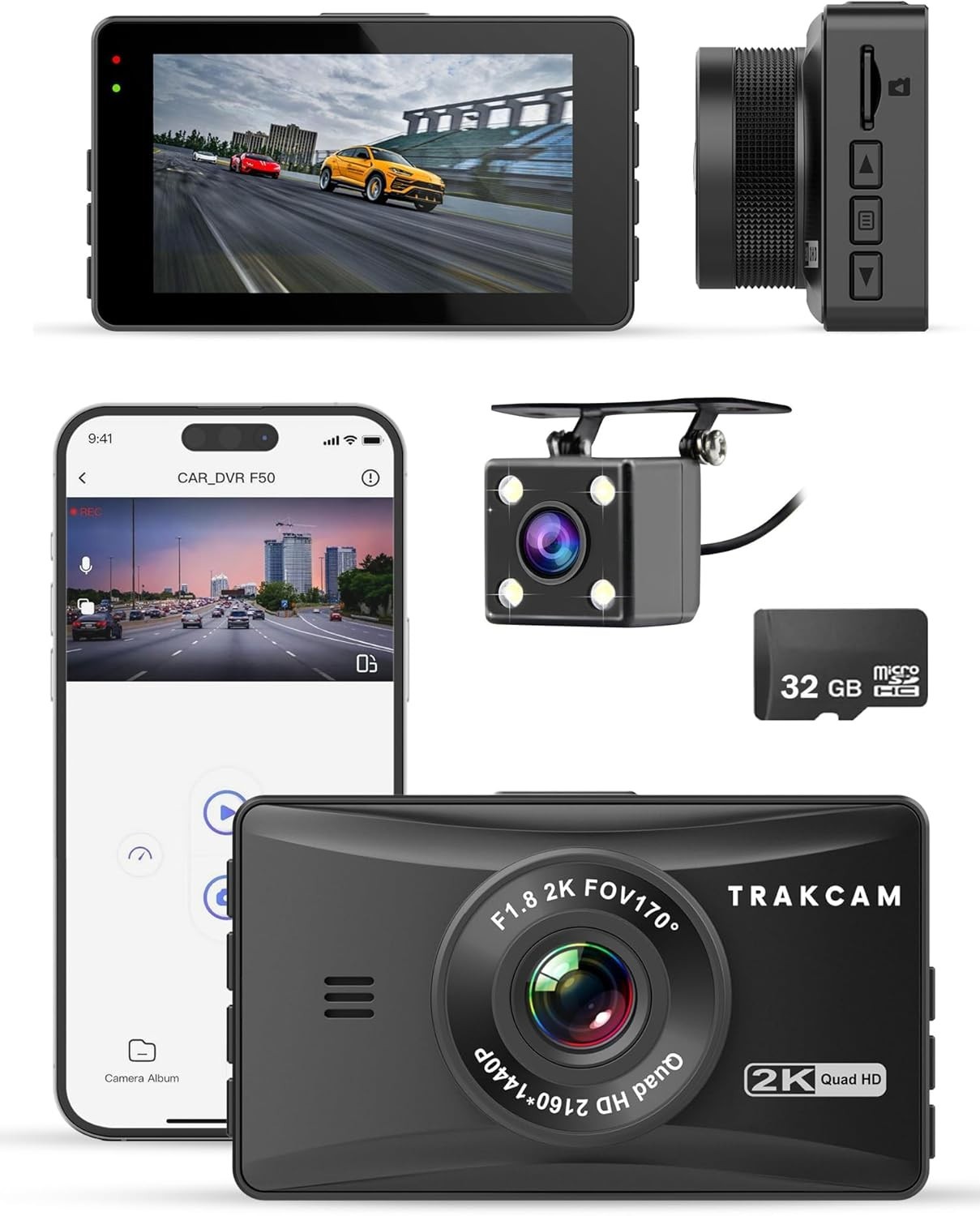 2K Dual Dash Cam Front Rear GPS WiFi Night Vision 3 Inch IPS 32GB Reverse Assist