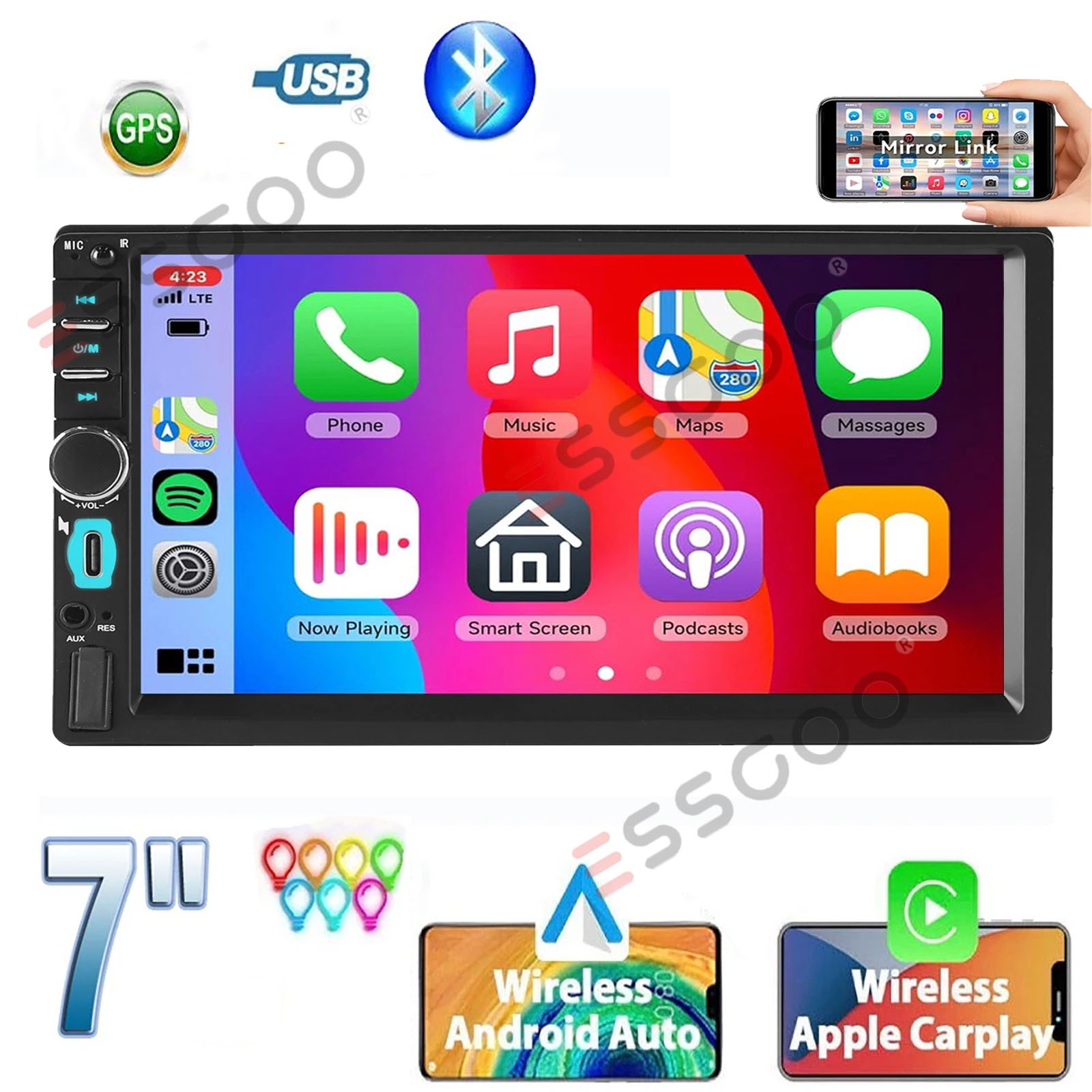 7″ Car Stereo Double 2 Din Bluetooth Apple Carplay & Android Auto Play USB Radio