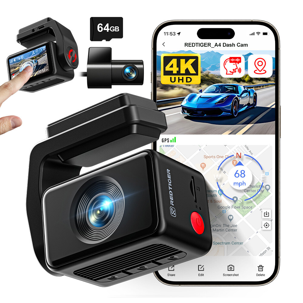 REDTIGER A4 Dash Cam Front and Rear 4K Dash Camera, 5.8GHz WiFi, 2″ Touch Screen