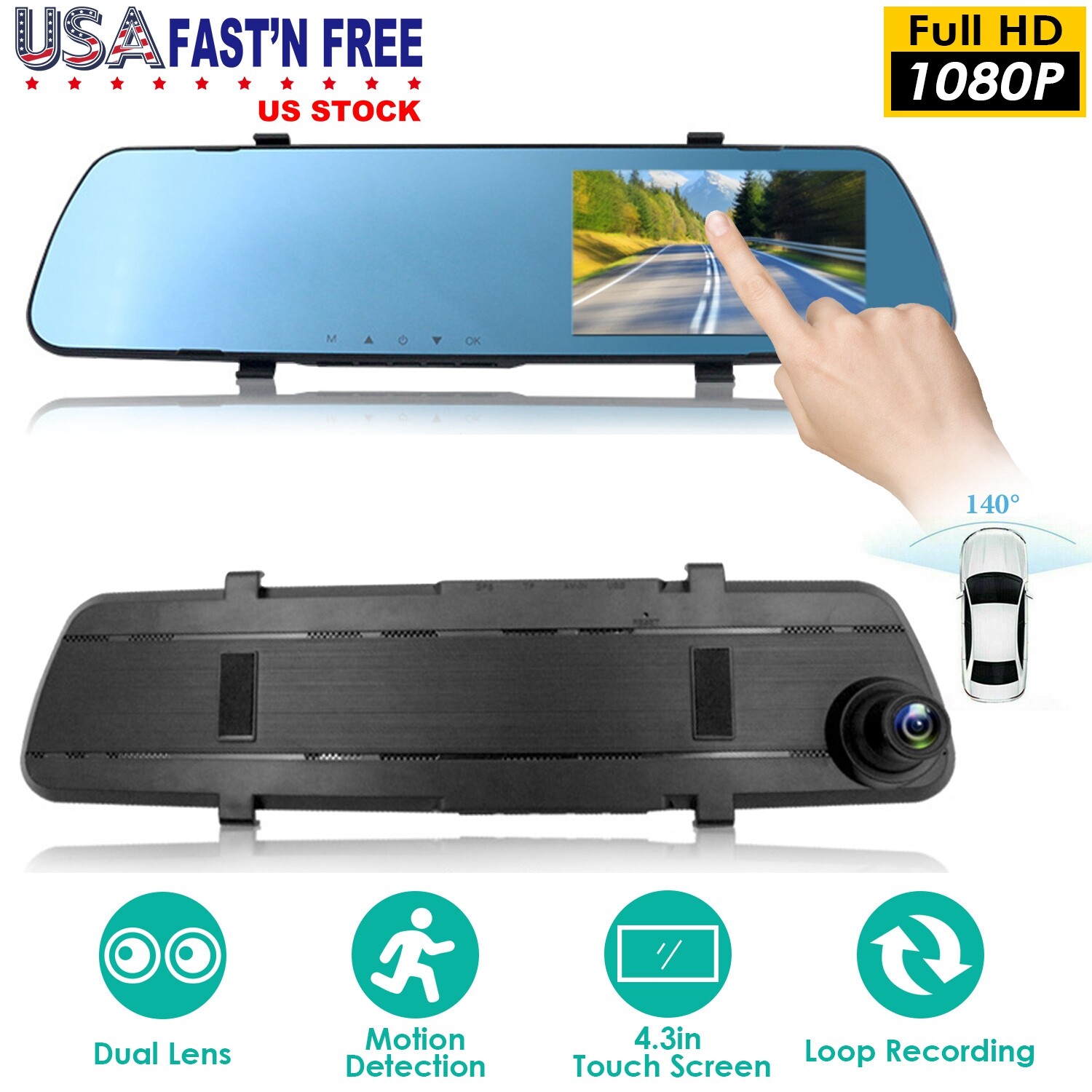 1080P Car DVR 4.3in Camera Dash Cam G-sensor Camcorder Camera w/ Loop Recording