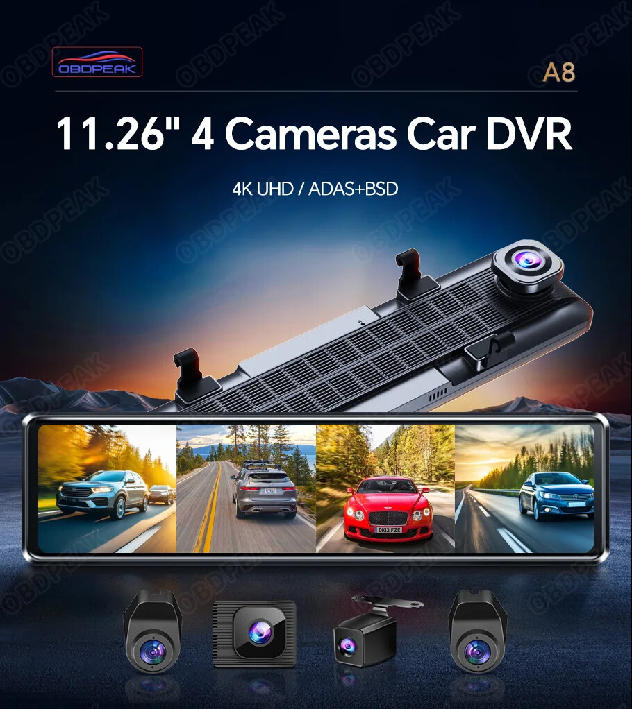 A8 4CH 11.26” Rearview Mirror Dash Cam 4K Front,Rear and Side FHD 3*1080P