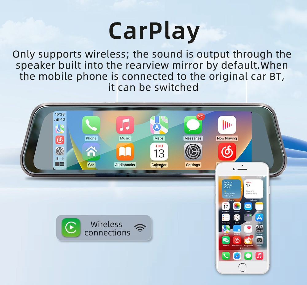 Apple CarPlay Car Rearview Mirror DVR Driving Recorder 9.36in AUX/BT/FM/TF Cam
